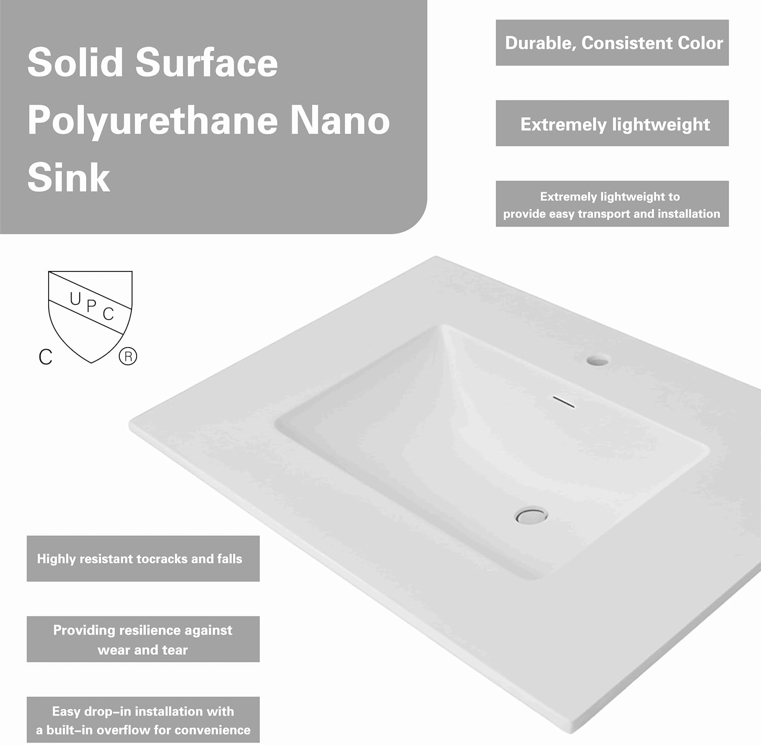 30" Light Grey Shaker Bathroom Vanity with Sink – Solid Surface One-Piece Top, Soft-Close Doors, Polyurethane Nano Resin Sink, Pre-Drilled Faucet Hole, Modern Bath Vanity Cabinet Set