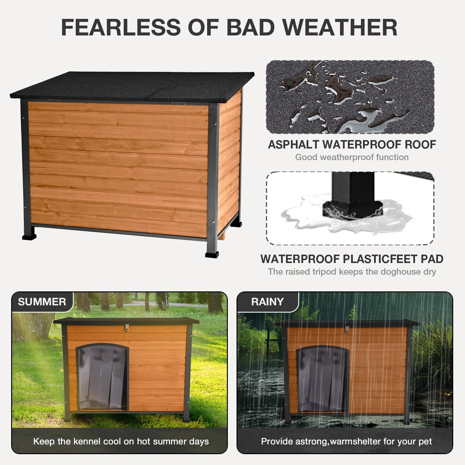 Heated Dog House Outdoor Insulated Dog Kennel for Small Medium Large Dogs, Iron Frame Dog Shelter for Outside, Waterproof Roof Raised Feet Brown