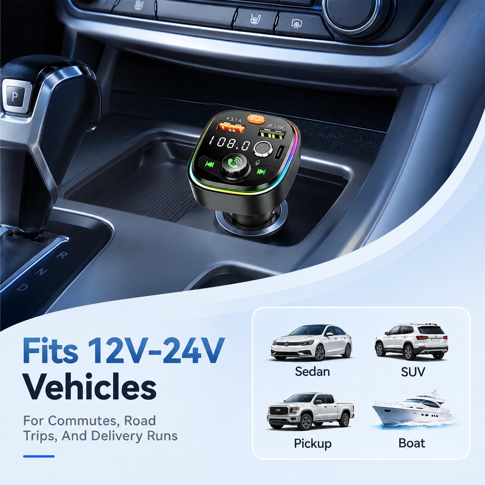 FM Transmitter Auto Bluetooth, Bluetooth FM Transmitter Auto Freisprecheinrichtung 3-in-1 Radio Adapter Schnellladung PD 18W & Typ-C 12–24V Hi-Fi Stereo Bass Kompatibel Smartphones Tablets