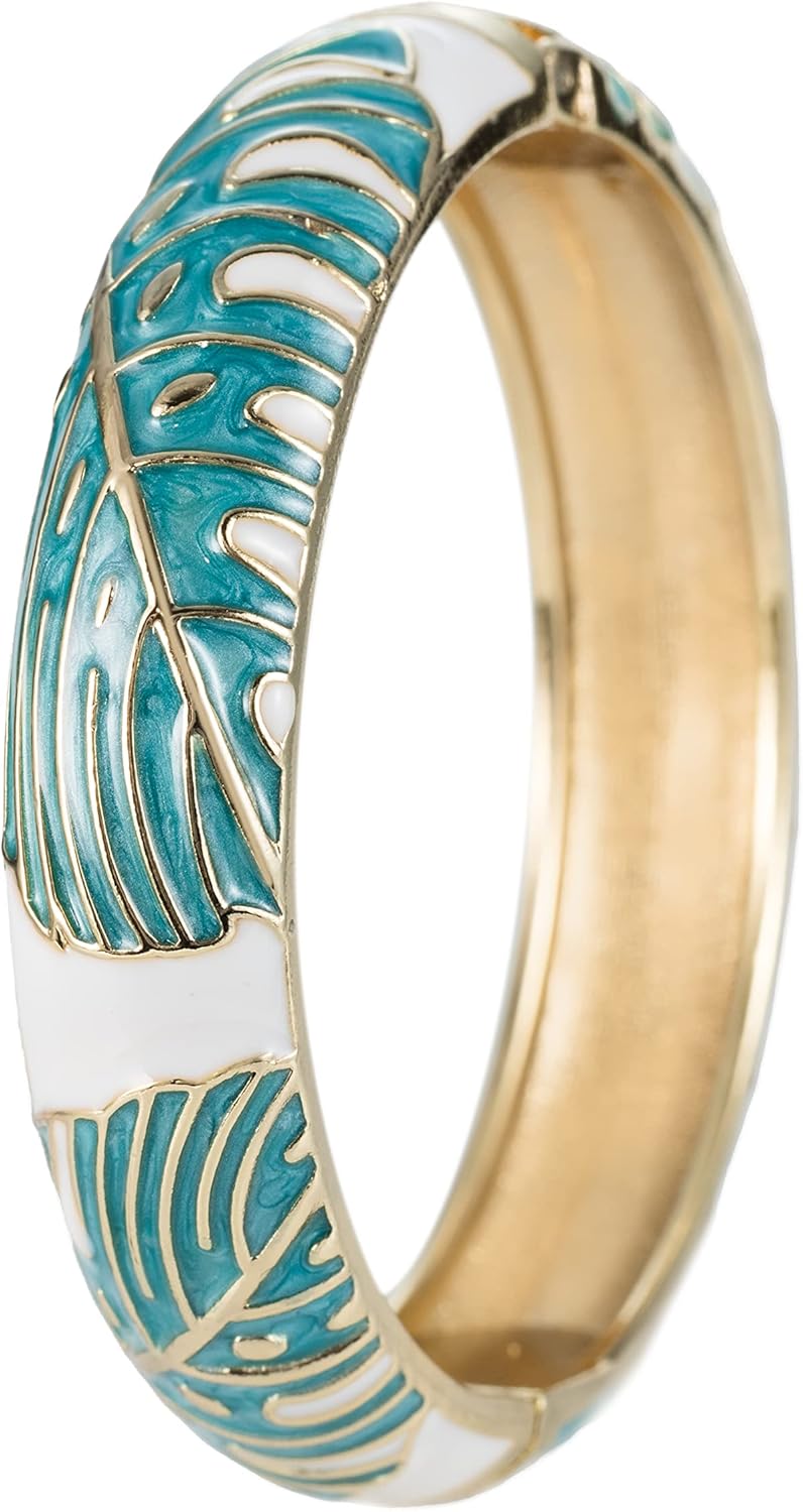 Hawaiian Monstera Luau Leaves Hinged Clasp Fashion Enamel Bangle Bracelet