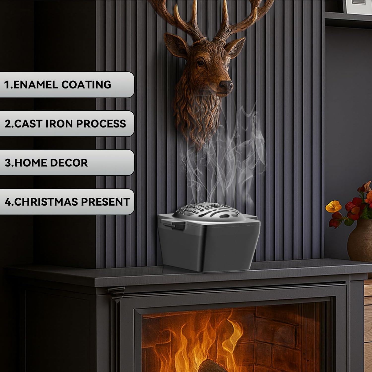 Enameled Wood Stove Steamer, Elk Cast Iron Fireplace Humidifier, 2.6 Quart Capacity, Wood Stove & Fireplace Accessories for Decoration, Holiday