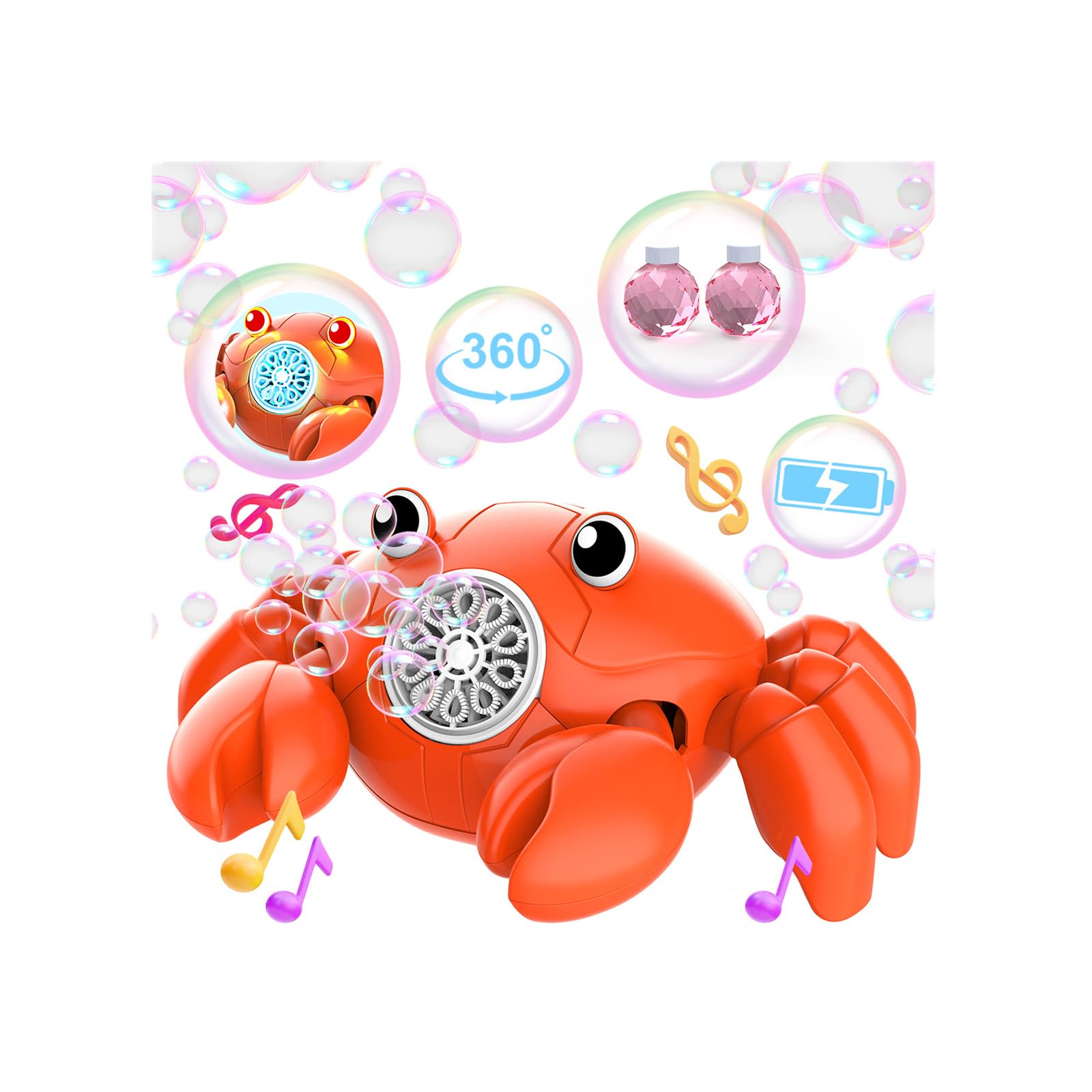 Rechargeable Bubble Machine - Lights Up Crab Bubble Maker for Kids with 360° Moving & Auto-Dodge & Music - Party Birthday Gifts Outdoor Toys for Toddlers Ages 3+ Boys Girls