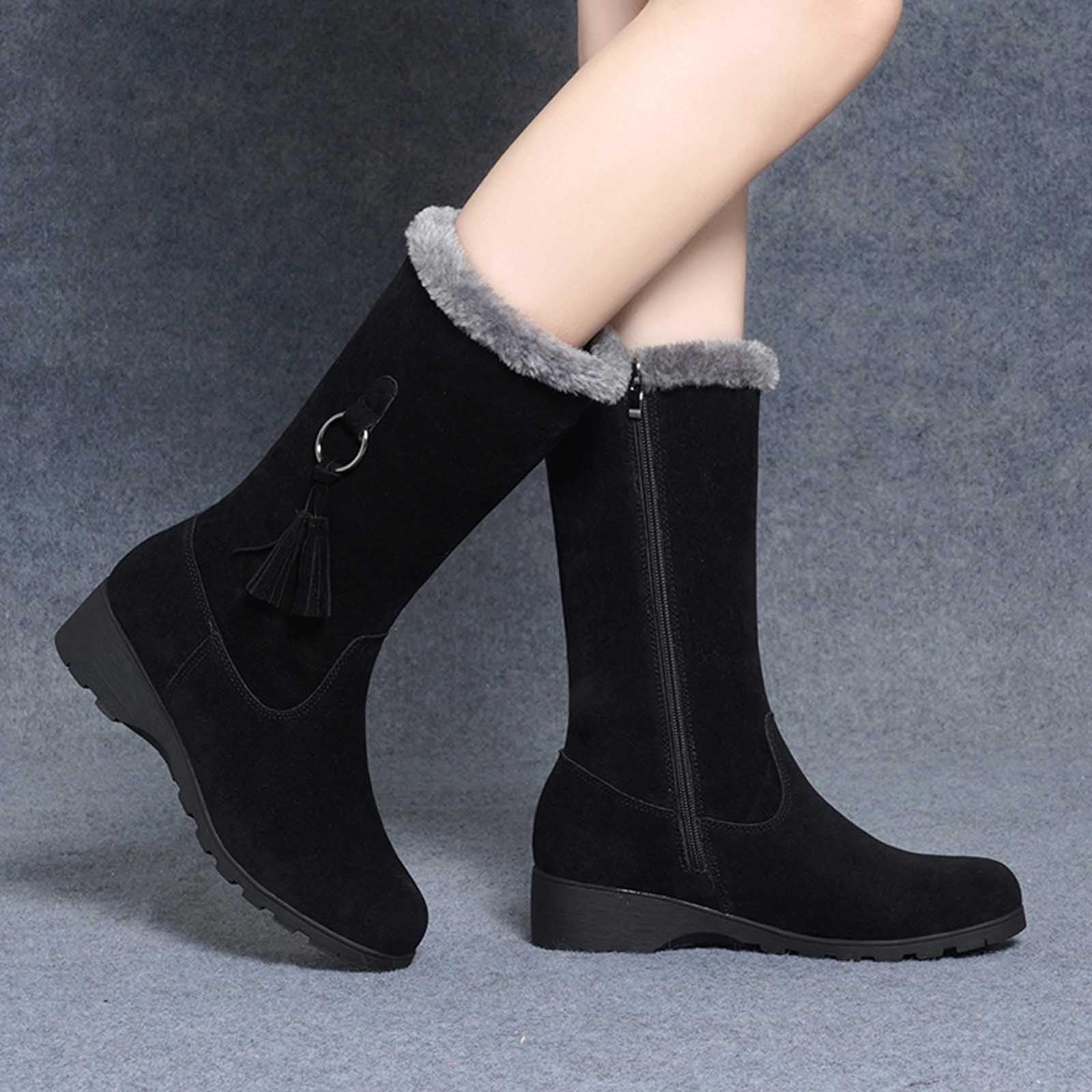 Bottes de Neige Femme Fourrées Mi-Mollet à Petit Talon Bottes Femme Hiver Chaudes en Daim Botte de Neige Confort avec Fermeture Éclair Latérale Snow Boots Chaussure Imperméable Chaussures de Randonnée