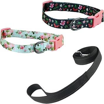 Fashion 3 Pieces Flower Pattern Dog Leash and Dog Collar Puppy Collar for Medium Dogs Large Dogs a - BlackBlue - L