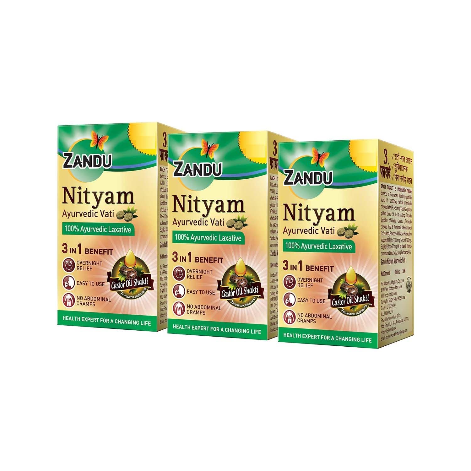 Zandu Nityam 30 Tablets Pack of 3 | Ayurvedic Laxative | Overnight relief from constipation | Relief from Gas, Acidity & Bloating | No Stomach Cramps
