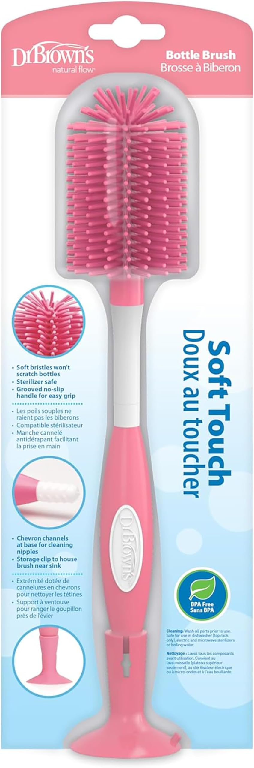 Dr Brown's Natural Flow Dr. Soft Touch No Scratch Baby Bottle Cleaning Brush Cleaner with Stand and Storage Clip, BPA Free, Pink 1-Pack