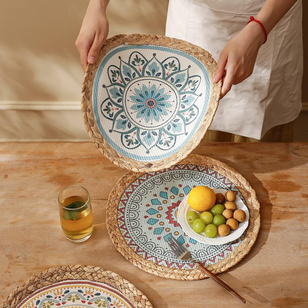 MOCOFO Placemat 4 Set of Boho Colorful Printed Round Woven Placemat（Color 10）