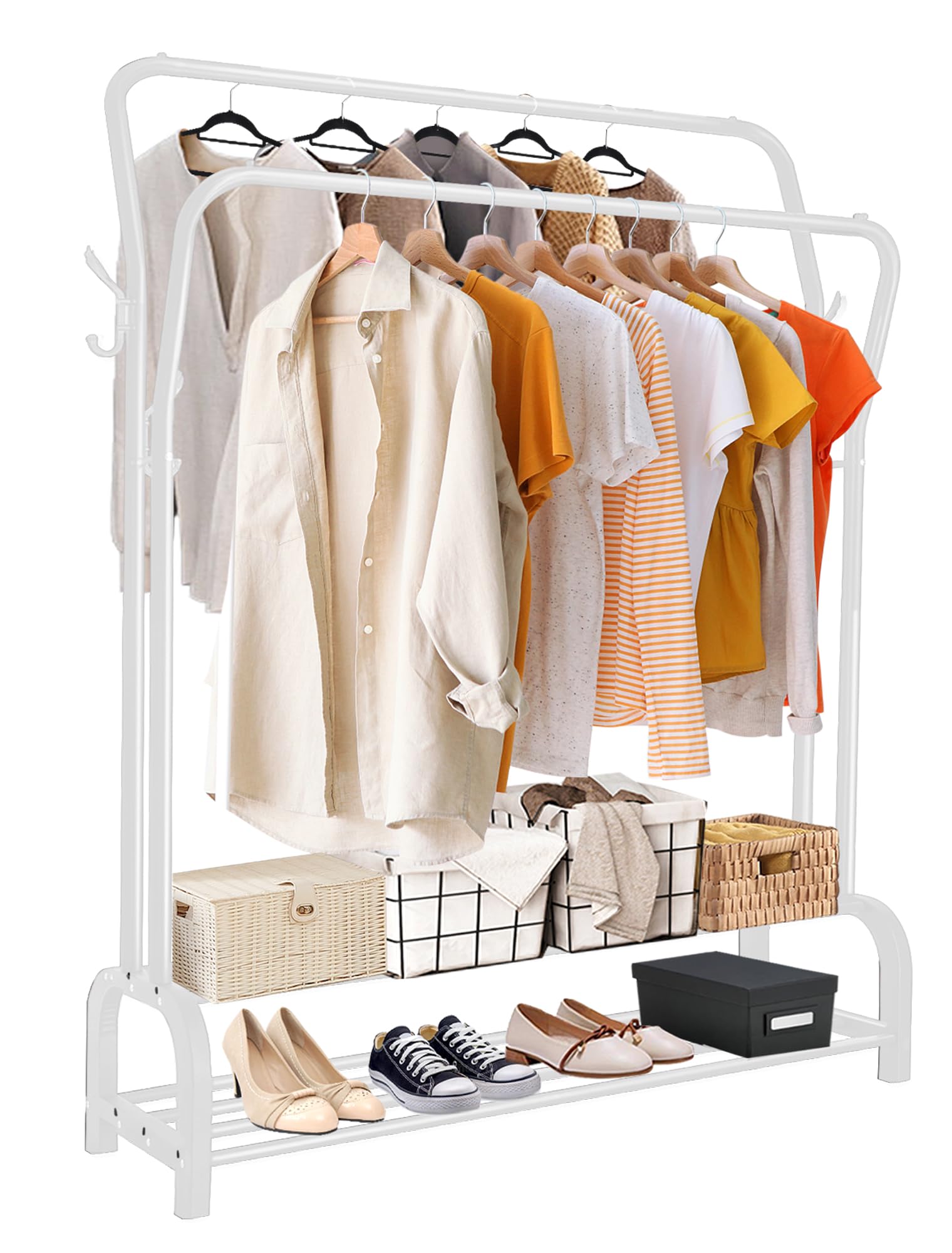 M.J COMFY-LIFE Clothes Rail Freestanding Clothing Garment Rack for Bedroom Metal Hanging Rack for Coats Stores Boxes Shoes Hanging Rail for Laundry Room (Double Rail with side hook, White)