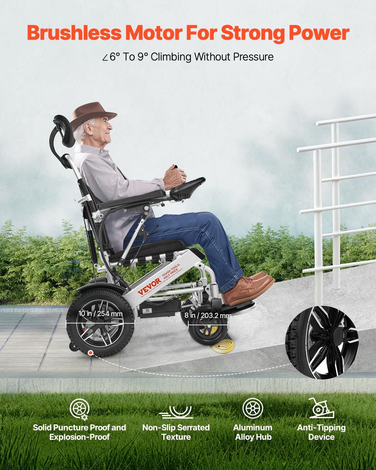 VEVOR Silla de Ruedas Eléctrica para Adultos Capacidad de 136 kg Respaldo Ajustable Plegable Ligera Motorizada Autonomía de 21 km Asiento de 53 cm Todoterreno para Personas Mayores, Discapacitadas