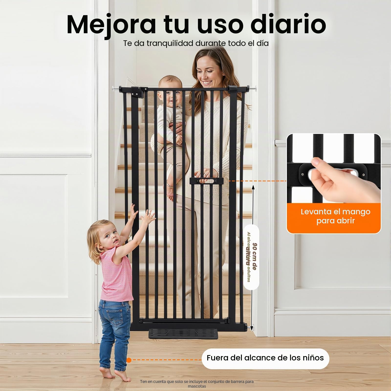 Puerta de protección para mascotas, 150 cm, extra alta, barrera de escalera para niños, perros y gatos, puerta extensible de 76-85 cm con apertura bidireccional y función de cierre automático