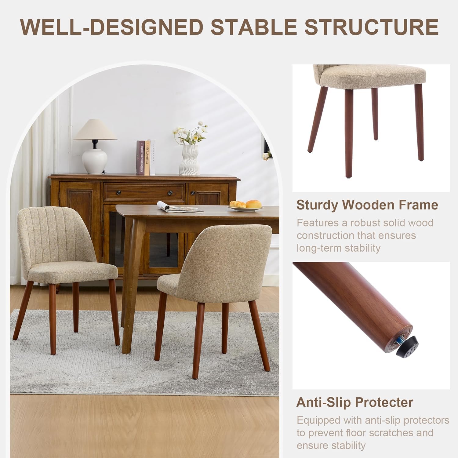 Juego De 2 Sillas De Comedor Modernas Tapizadas. Cómodo Asiento Acolchado De Tela De Lino. Patas De Madera Resistentes. Sillas Auxiliares Ergonómicas Para Cocina, Comedor, Restaurante y Cafetería