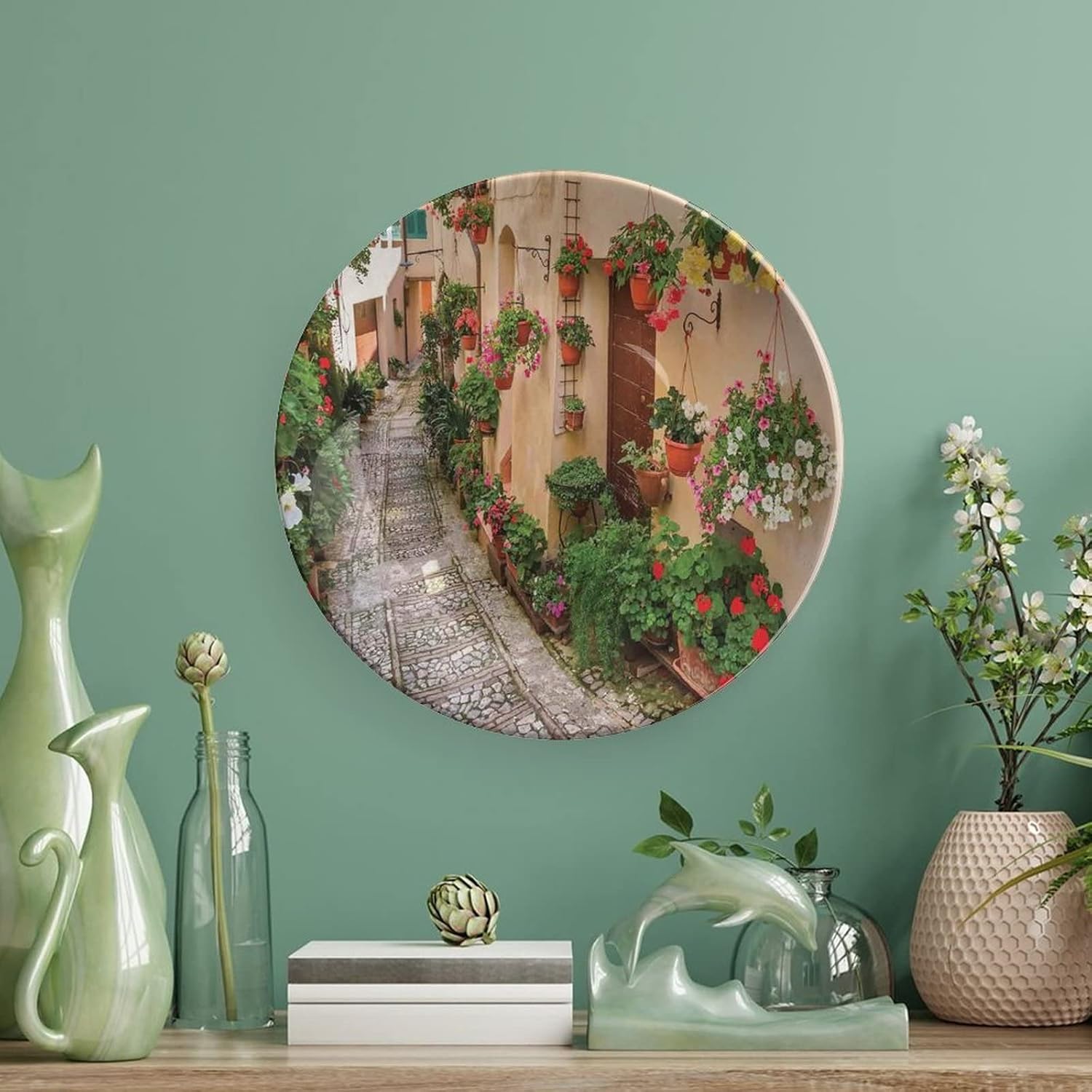 XISUNYA 10 Inch Decorative Plate, Tuscan Dinner Plate, Tuscan House Rustic Wooden Door and Colorful Flowers Print Ceramic Wall Hanging for Home Office Party Dinner Table Decor, Multicolor