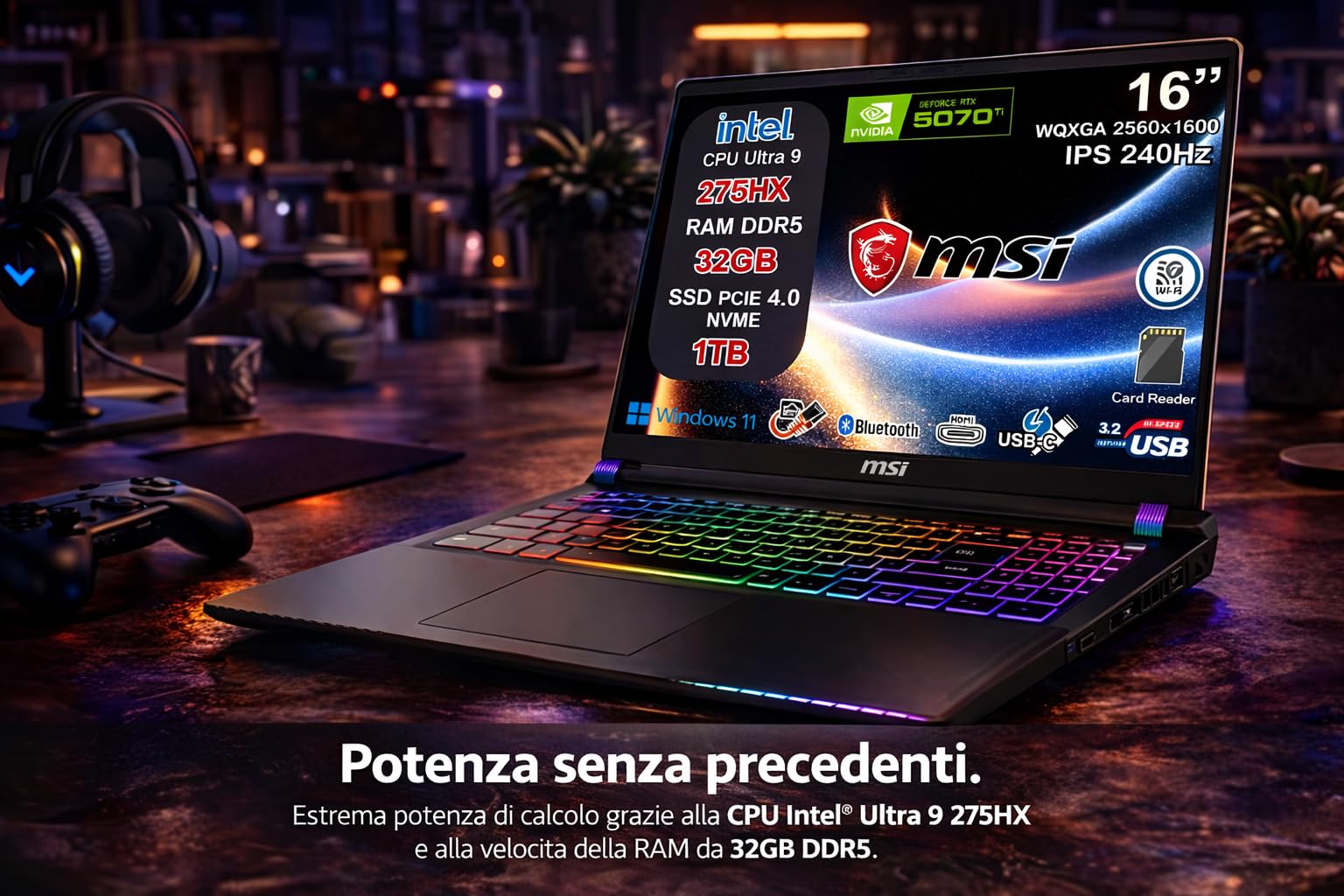 msi Vector 16 HX AI Notebook Gaming Intel Core Ultra 9 275HX, RTX 5070 Ti 12GB GDDR7, 32GB RAM, 1TB SSD, 16" QHD+ IPS 240Hz, Thunderbolt 5, WiFi 7, Tastiera RGB 24 Zone, Windows 11, AI Laptop