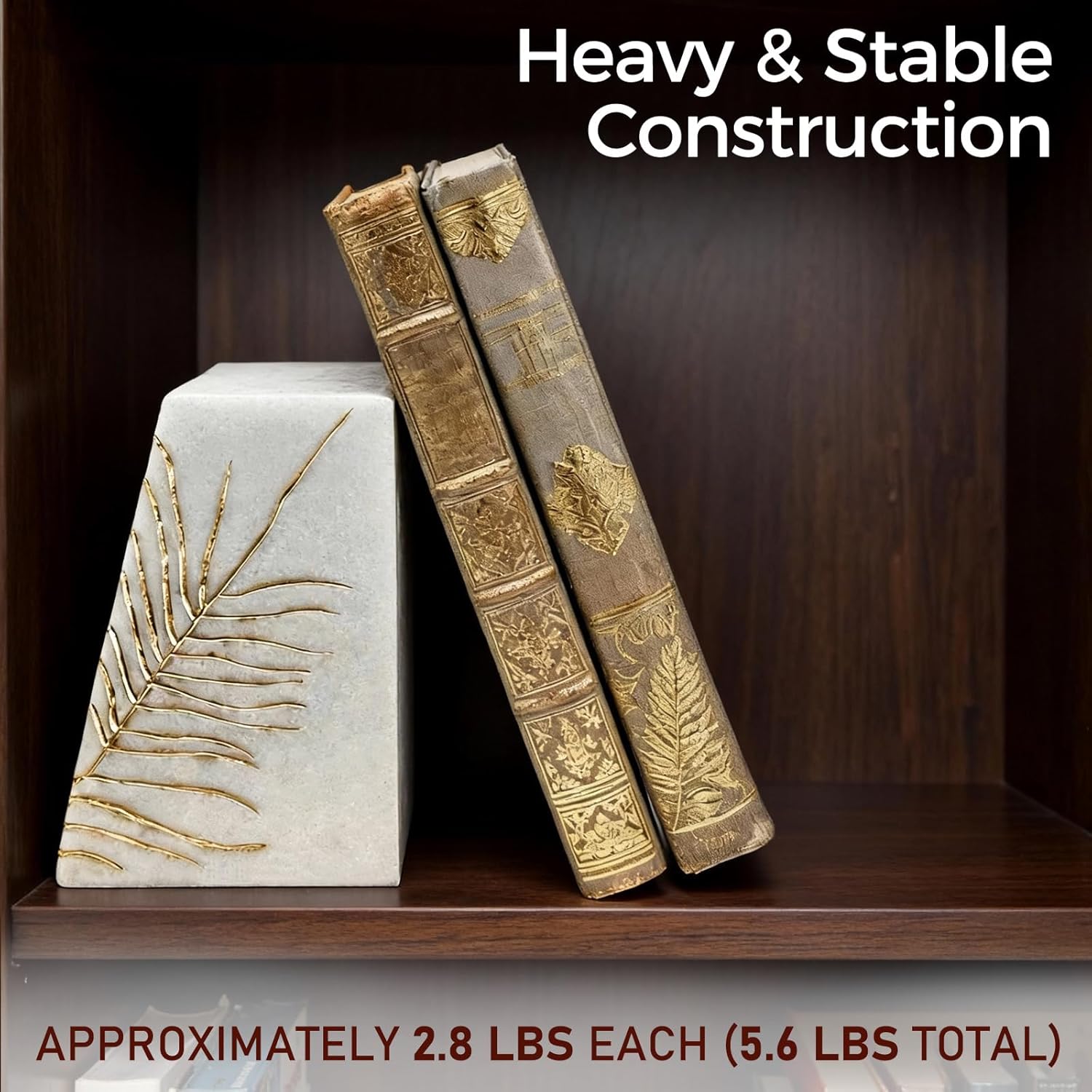 Heavy Duty Book Ends for Shelves, Decorative Book Ends for Heavy Books, Resin Modern Bookends with Marble Texture & Gold Botanical Detail, Minimalist Bookends for Home Decor, Set of 2