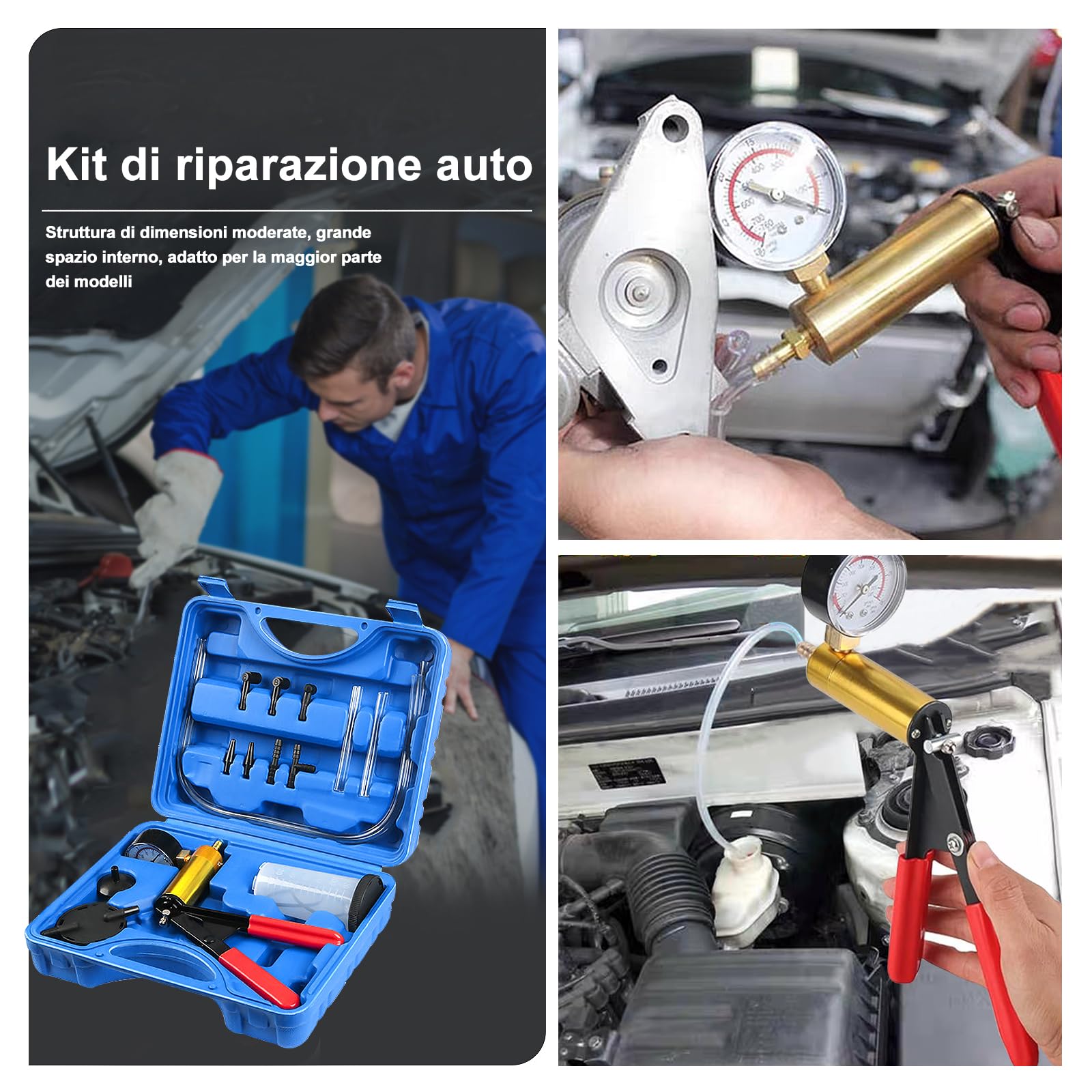 Vanwoke Pompe à Dépression Purge Purgeur Liquide de Frein Testeur à Vide Professionnel 2 en 1 Outil Kit Aspirateur Testeur pour Voiture Outil Manuelle Coffret Blue