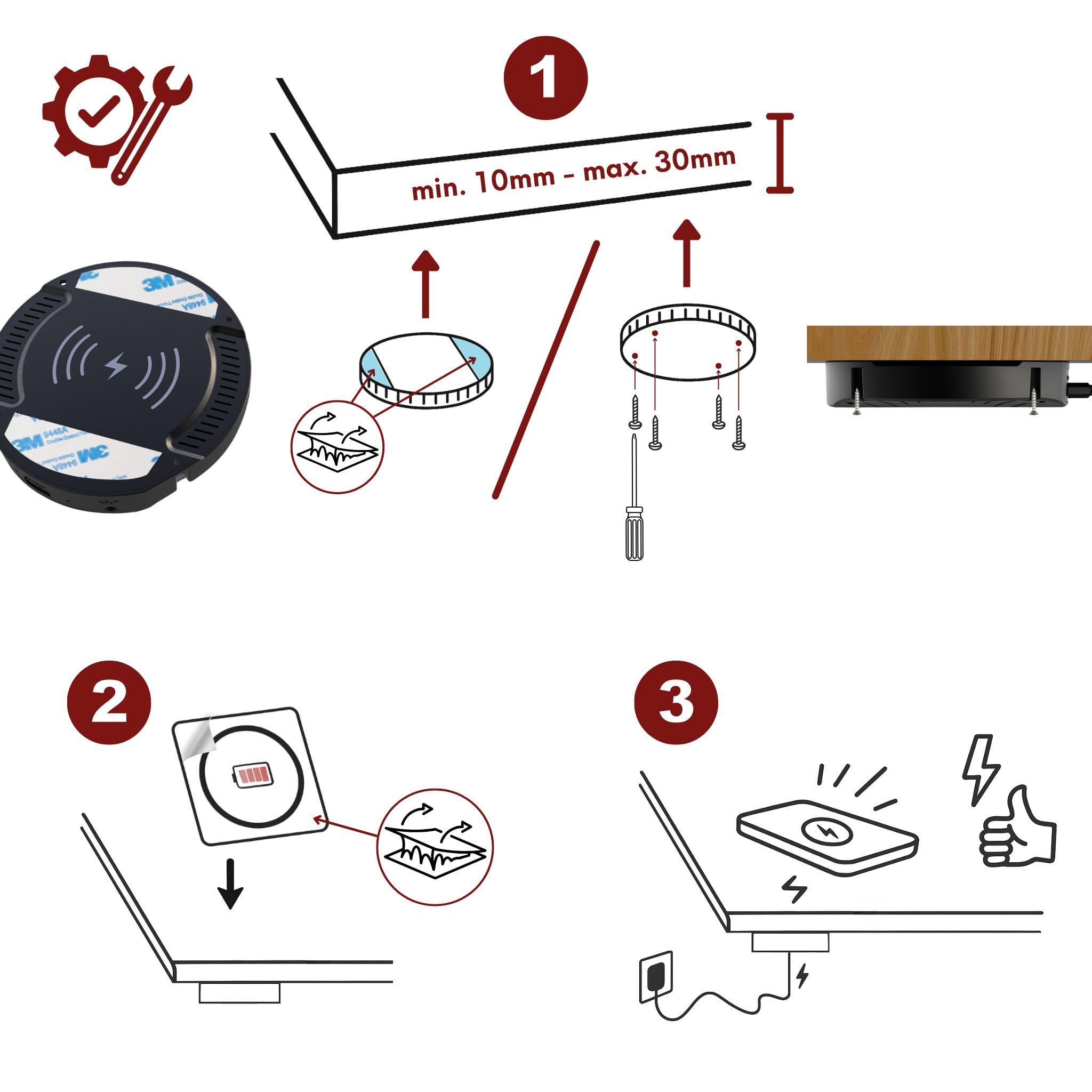Kalb | DualCharge caricabatterie wireless da 10 W con uscita USB da 15 W, supporto fino a 30 mm, invisibile, caricatore a induzione con ventola, alimentatore di rete, cavo da 1200 mm