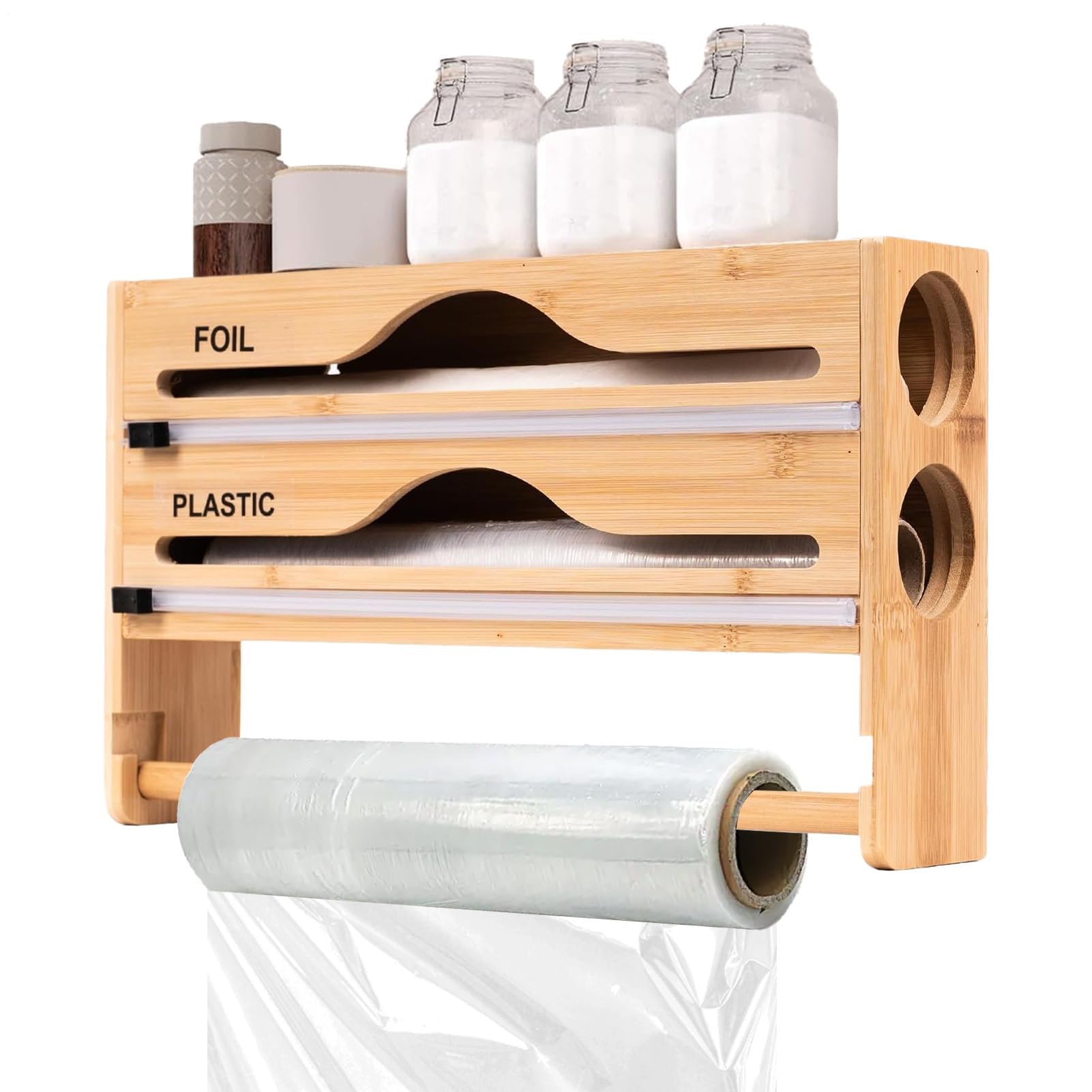Dispenser per rotolo da cucina con taglierina e supporto per pellicola, organizer da parete per pellicola trasparente e foglio di alluminio, organizer da parete per piano di lavoro della dispensa