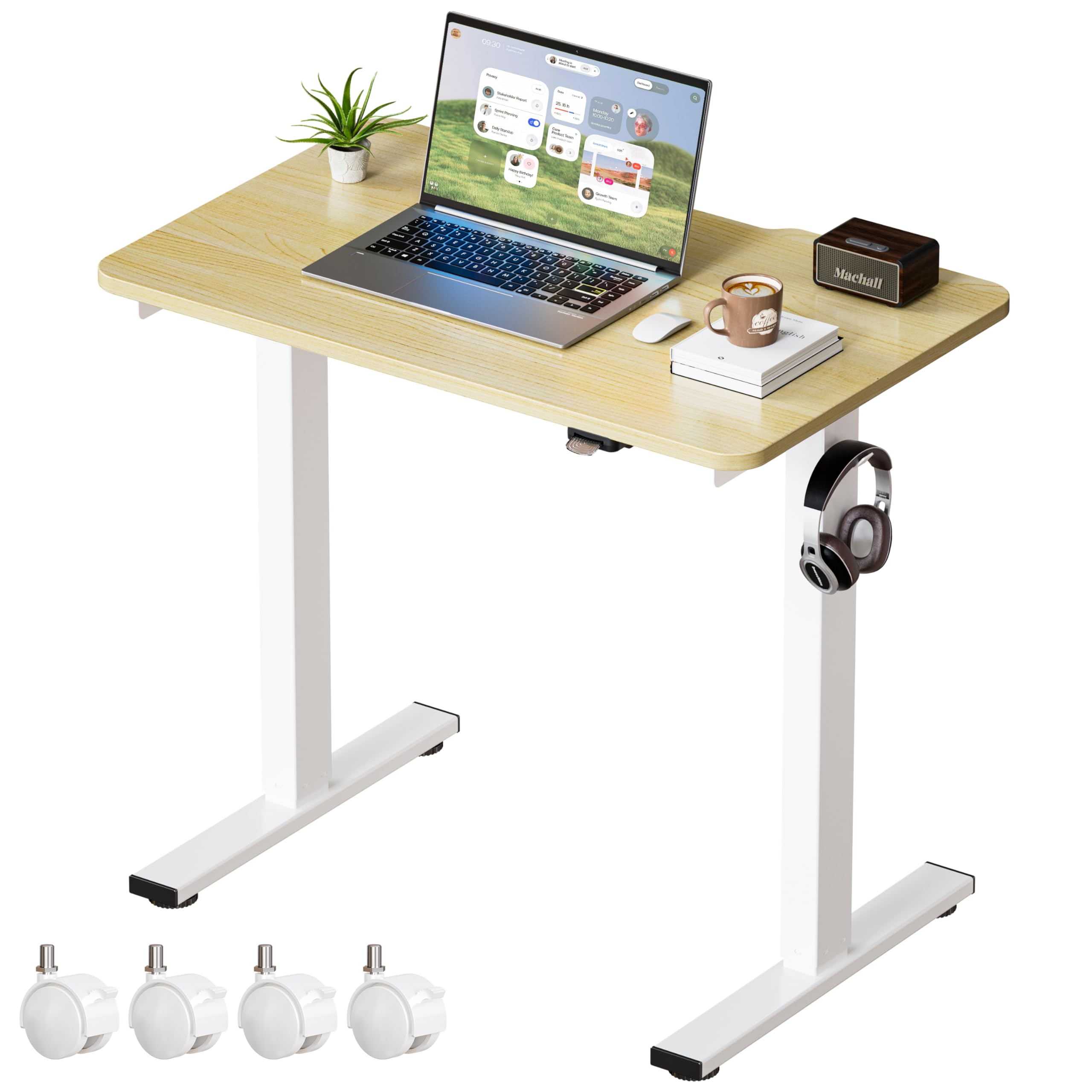 Okin Electric Standing Desk 31.5x19.7 Inches Small Computer Desk-Whole Piece Stand up Desk with Wheels Gaming Rolling Home Office Desks, Oak