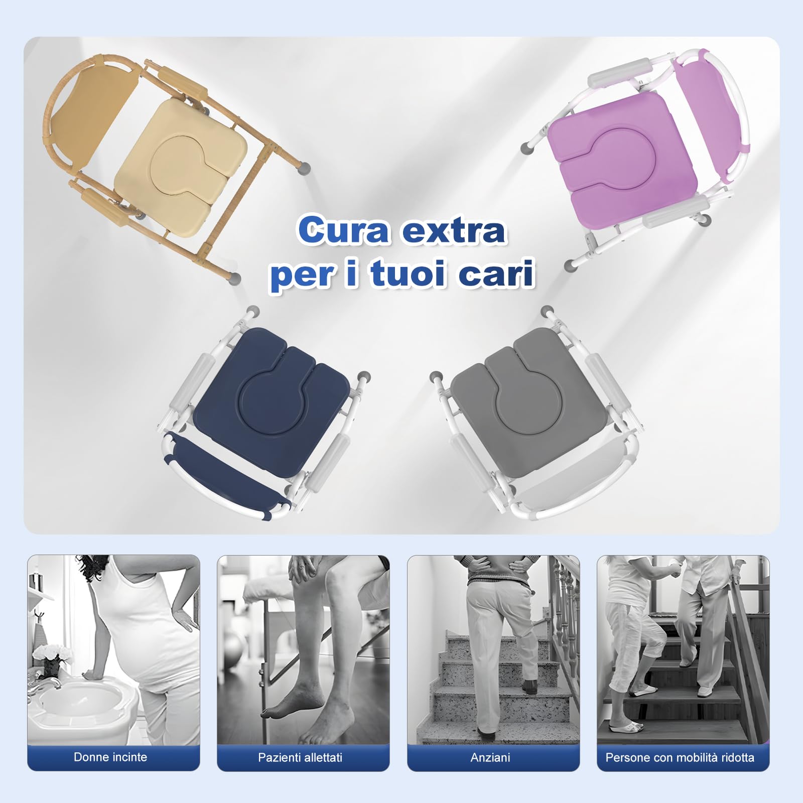 supregear Sedia Da Toilette Pieghevole, Sgabello Da Bagno/doccia con Altezza Regolabile E Secchio Rimovibile, Seduta Imbottita E Meccanismo di Sicurezza, Comodino per Anziani, Disabili, Grigio