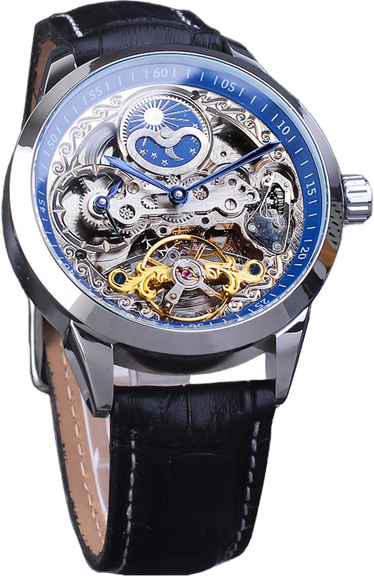 FORSINING Men's Skeleton Moon Phase Watch Mechanical Self-wind Tourbillon Dual Time Zone Watches Automatic Luxury Leather Strap Large Dial Wristwatch