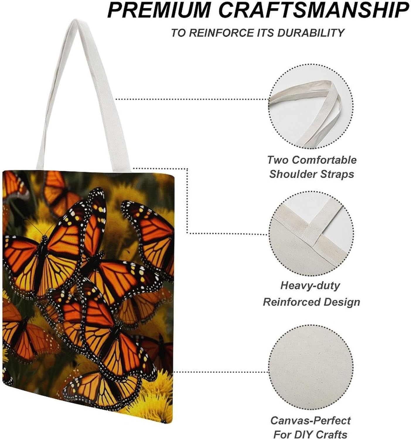 Canvas Tote Bag 16x15 In Lightweight Foldable Shoulder Hobo Purse | Monarch Butterflies, Casual Tote with 10" Strap, Everyday Carryall, for Travel Work Grocery Shopping Beach Mark Gym Yoga