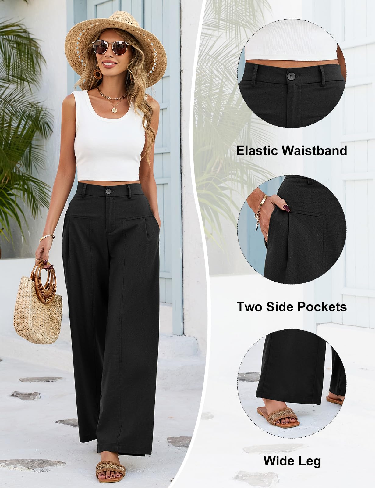 Pantalon Femme Été Lin Pantalons Taille Elastique Fluide Pantalons Chic et Elegant Ample Pantacourt Léger Décontractés Palazzo Longueur Pants Jambe Large avec Poches Bouton