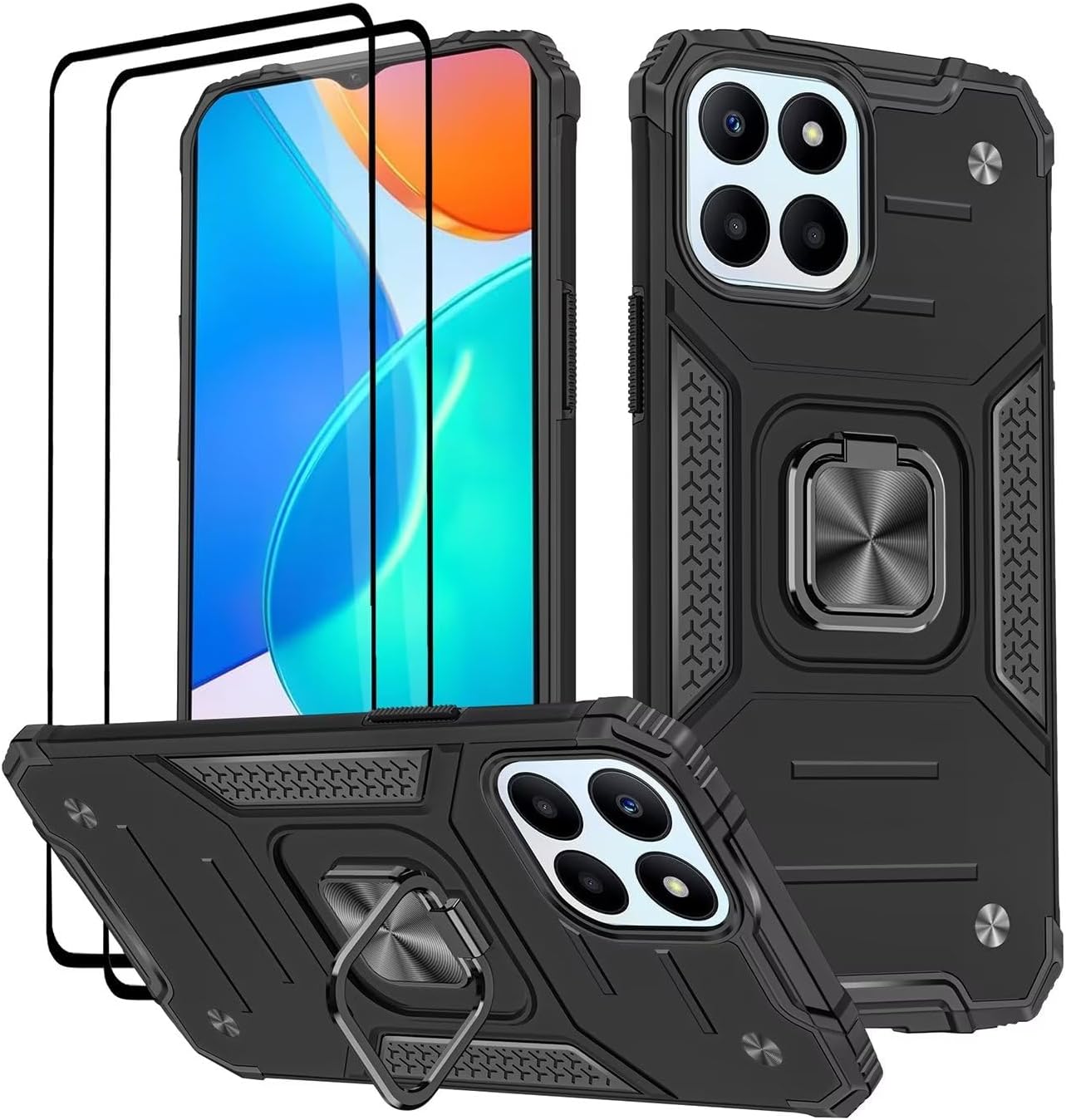 KANSi Case for Honor 70 Lite/Honor X6 / Honor X8 5G, Tempered Glass [2 Pack] Protective Silicone TPU Shockproof Tough Armor Hard Cover - Black