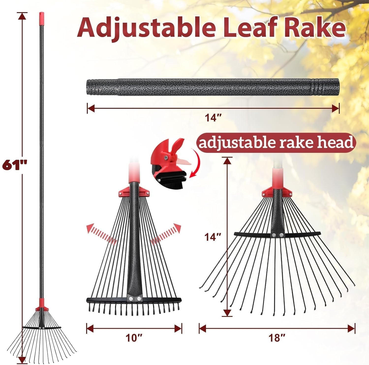61-Zoll-Laubrechen, verstellbare 18 Zinken mit ausziehbarem Kopf, 9-18 Zoll Grasrechen, robuster Metallrechen für Frauen, Gartenbesitzerinnen, Gartenarbeit, Grasabfälle, Rasenflächen