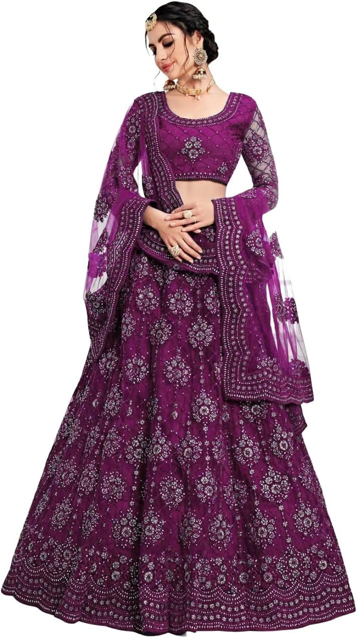 Amazon Brand-Women's Net Embroidered Lehenga Choli And Dupatta Set (Free Size)