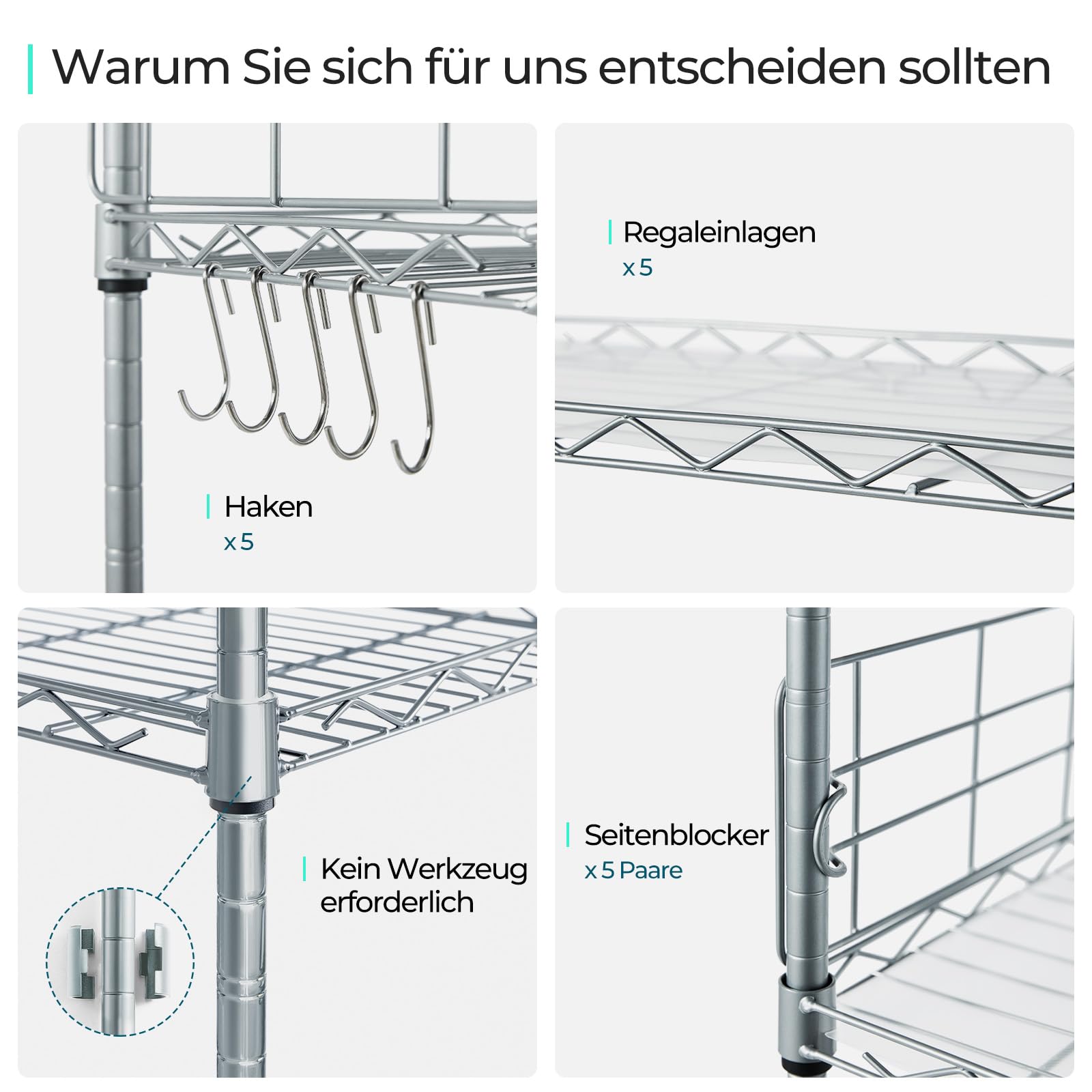 LINSY HOME Estantería de pie con 5 estantes, de Metal, con Ganchos extraíbles para sótano, salón, Oficina, soporta hasta 225 kg, 54 x 29 x 150 cm (Plata)