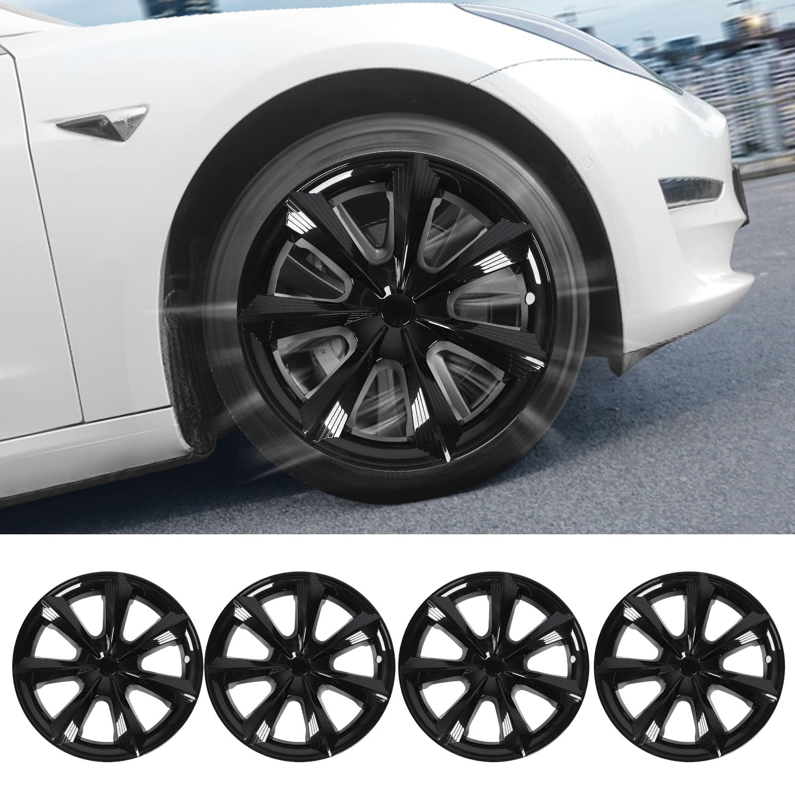 Matte Black 19" Wheel Covers For Tesla Model Y (2021-2024) - 14-Spoke Gemini Design, ABS Plastic, Set Of 4, Rim Protectors