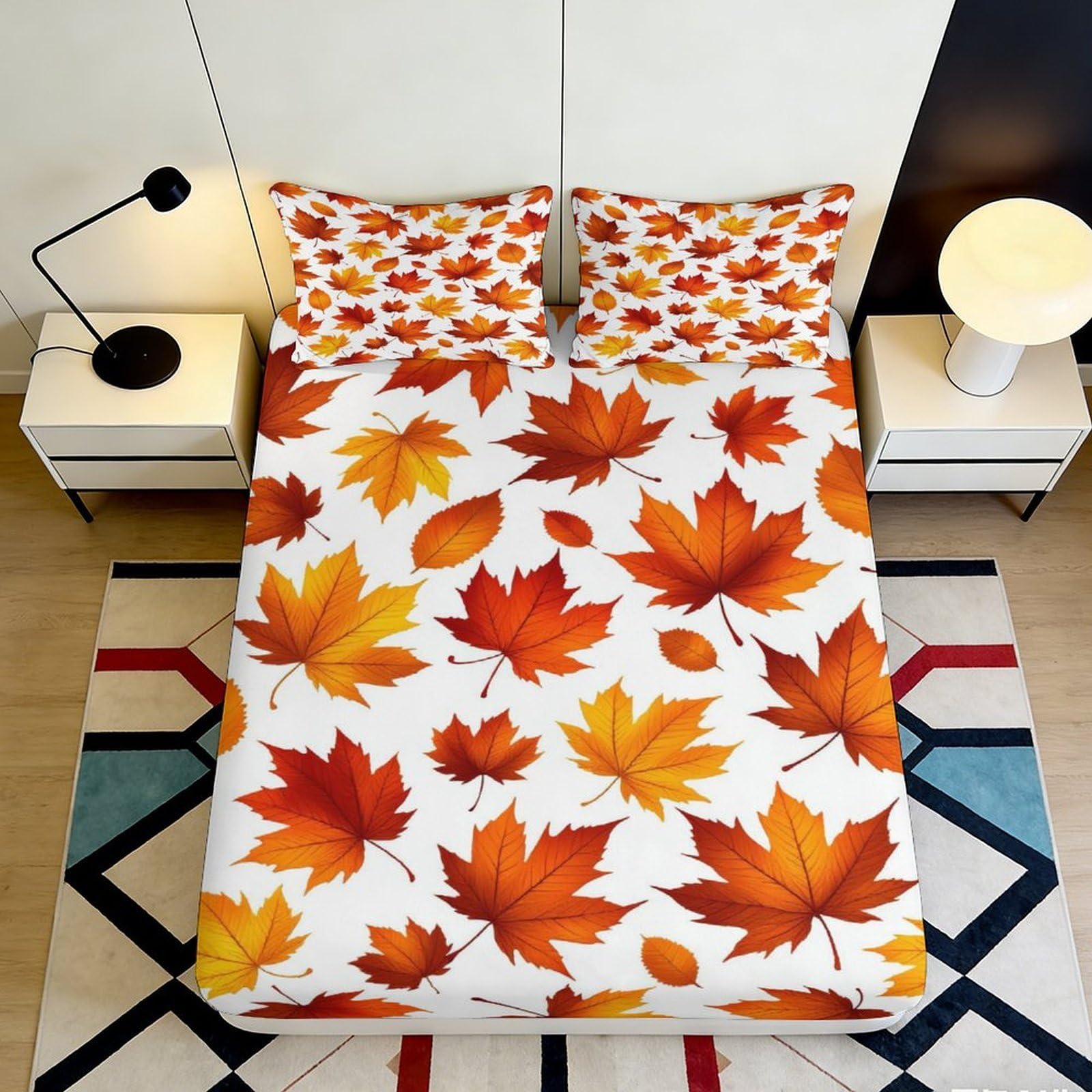 Pnayamiorkfel Style-5 3D Printed Autumn Maple Leaves Fitted Sheet Microfiber Soft Orange Yellow Bed Sheet Bedroom Decor Mattress Cover 90X200x25cm
