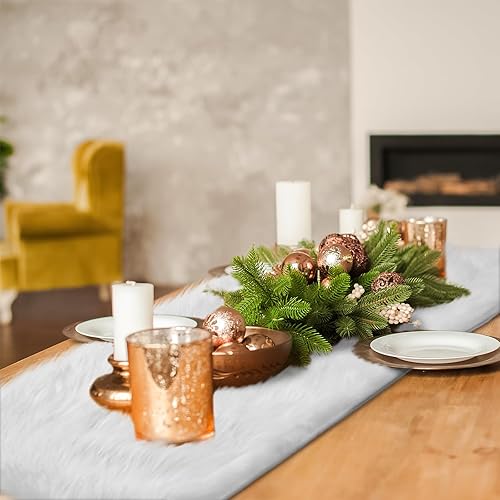 Miniatura 5 de Moukeren Camino de mesa largo de piel sintética de 13.78 x 47.24 pulgadas, tapete de felpa de lujo blanco navideño para invierno, pieza central