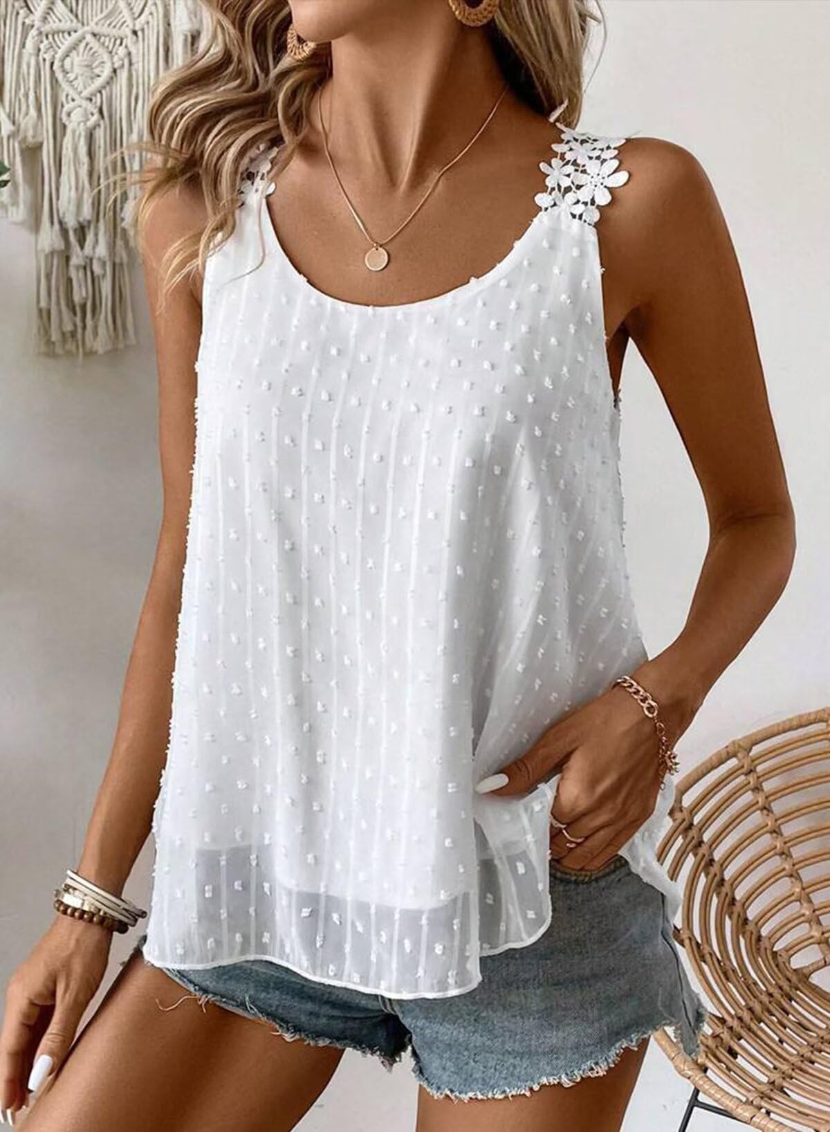 Debardeur Femme Débardeur sans Manche Été Col Rond Caraco Bohème Fluide Floral Élégant Bretelles Lâche Plissé Tank Top