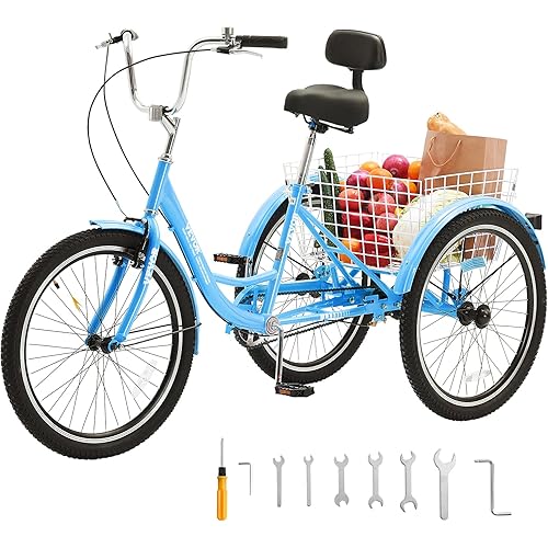 VEVOR Adult Tricycles Bike, 24 Inch Three-Wheeled Bicycles, 3 Wheel Bikes Trikes, Carbon Steel Cruiser Bike with Basket & Adjustable Seat, Picnic Shopping Tricycles for Seniors, Women, Men (Blue)