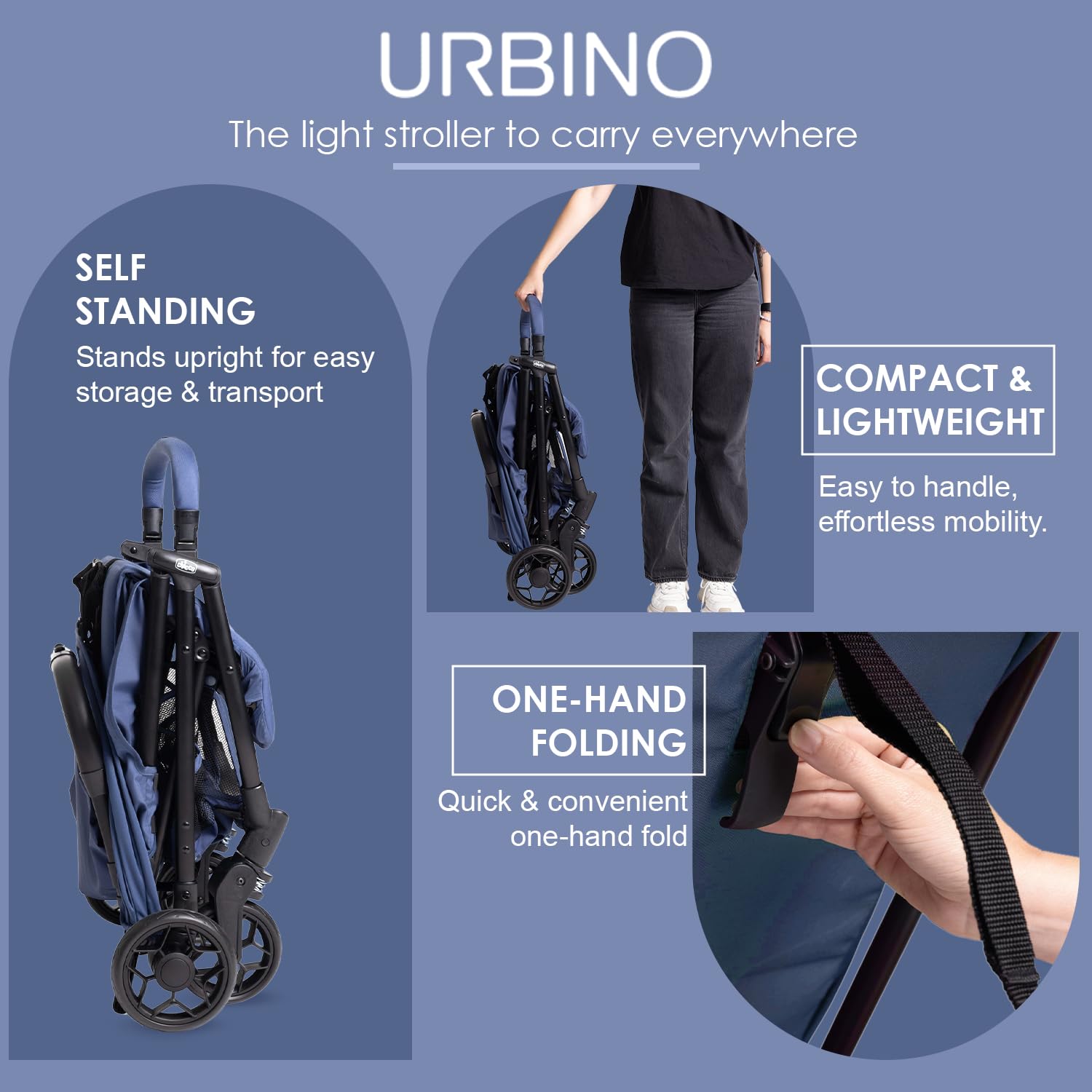 Chicco Urbino, Wózek 0+ miesięcy - 22 Kg, Lekki Wózek Spacerowy z Inteligentnym i Kompaktowym Składaniem, Rozdkładana Budka z Powłoką Przeciwdeszczową i UV50+, Odchylane i Regulowane Oparcie, Podnóżek