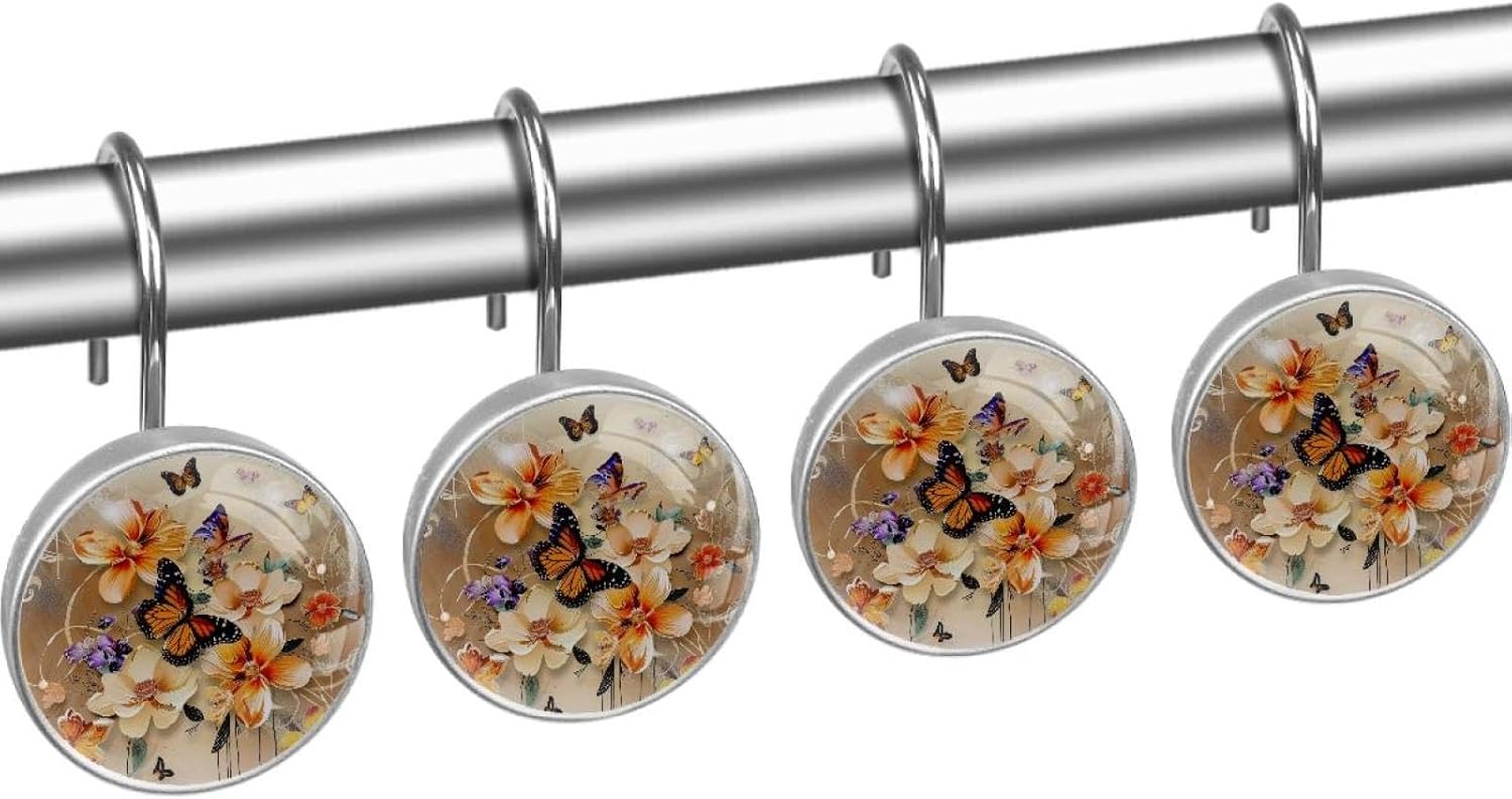 12PCS Round Shower Curtain Hooks, Flowers with Butterflies Painting Crystal Decorative Curtain Rings, Rustproof Shower Rings for Bathroom Home Decor