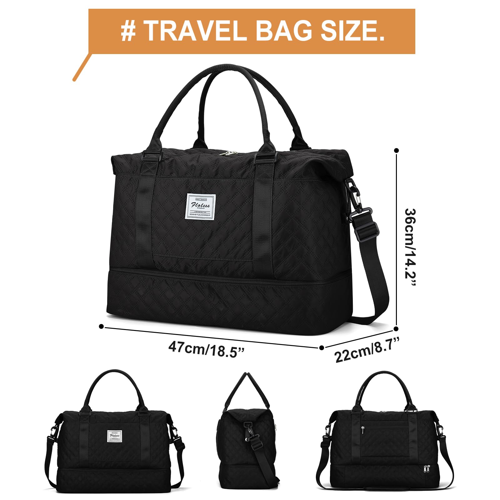 Borsone da Viaggio Donna, Bagaglio a Mano Borsa da Viaggio con Scomparto per le Scarpe, Borsa Sportiva Borsone da Palestra Grande, Borsa da Weekend, Borsa per Ospedale,H1-Nero