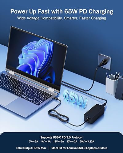 Miniatura 7 de Cargador rápido USB-C de 65 W para Lenovo ideapad Yoga 7 7i 9 9i 2 en 1, cable extendido, lámpara de alimentación, (certificado de seguridad UL)