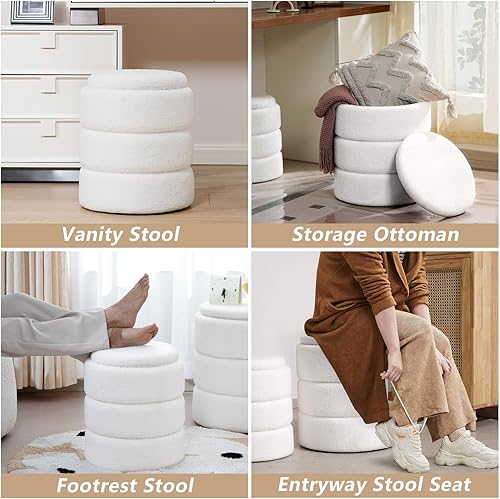 Miniatura 7 de Otomana redonda con almacenamiento, juego de 2, sillas de tocador tapizadas de terciopelo de peluche suave, soporte acolchado de 330 libras,