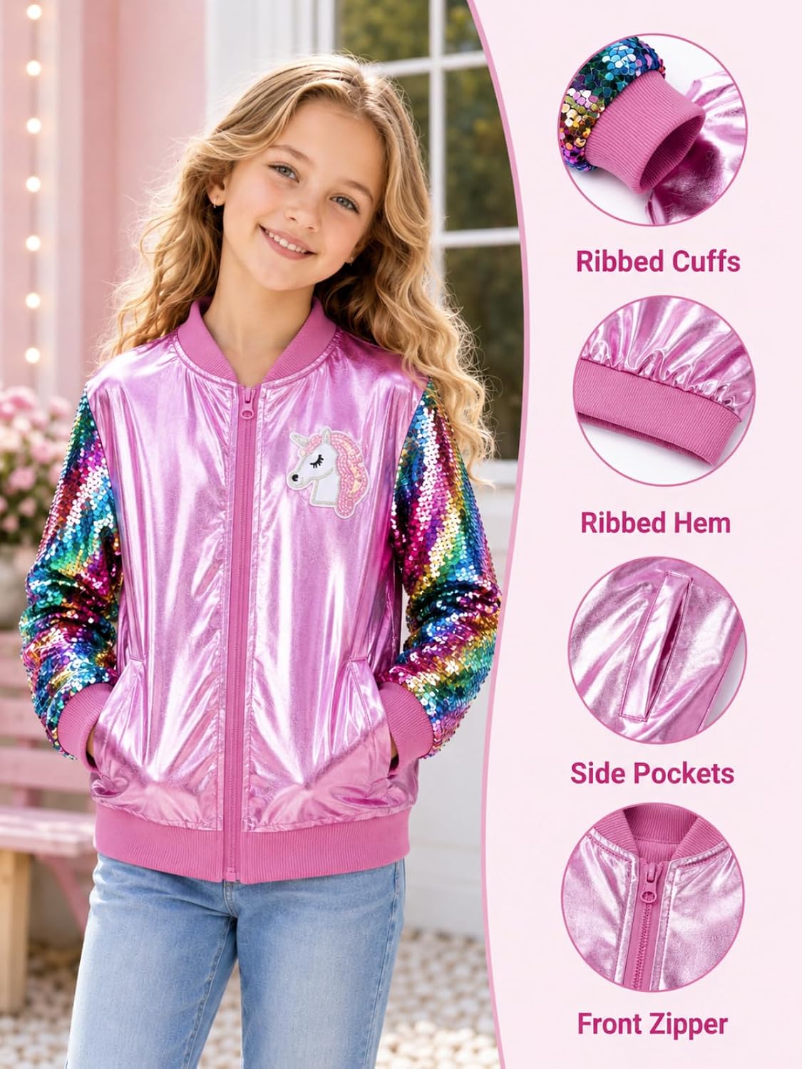 WELAKEN Girls Metallic Sequin Unicorn Bomber Jacket