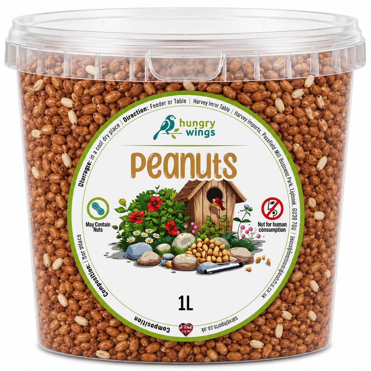 Hungry Wings Wild Bird Food 1L Tub | Peanut Kernels Oil Rich Bird Feed
