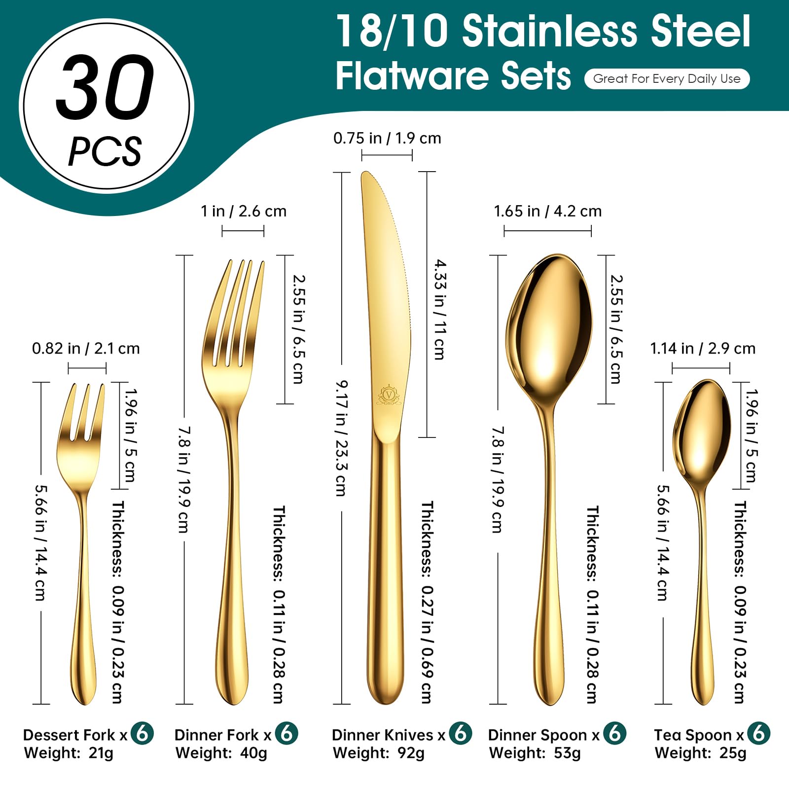 vancasso Besteck Gold Set 6 Personen,30-Teilig Edelstahl Besteckset mit Messer/Gabel/Löffel/Dessertlöffel, 18/10 Edelstahl Besteckset Poliert mit Geschenkbox, Spülmaschinenfest