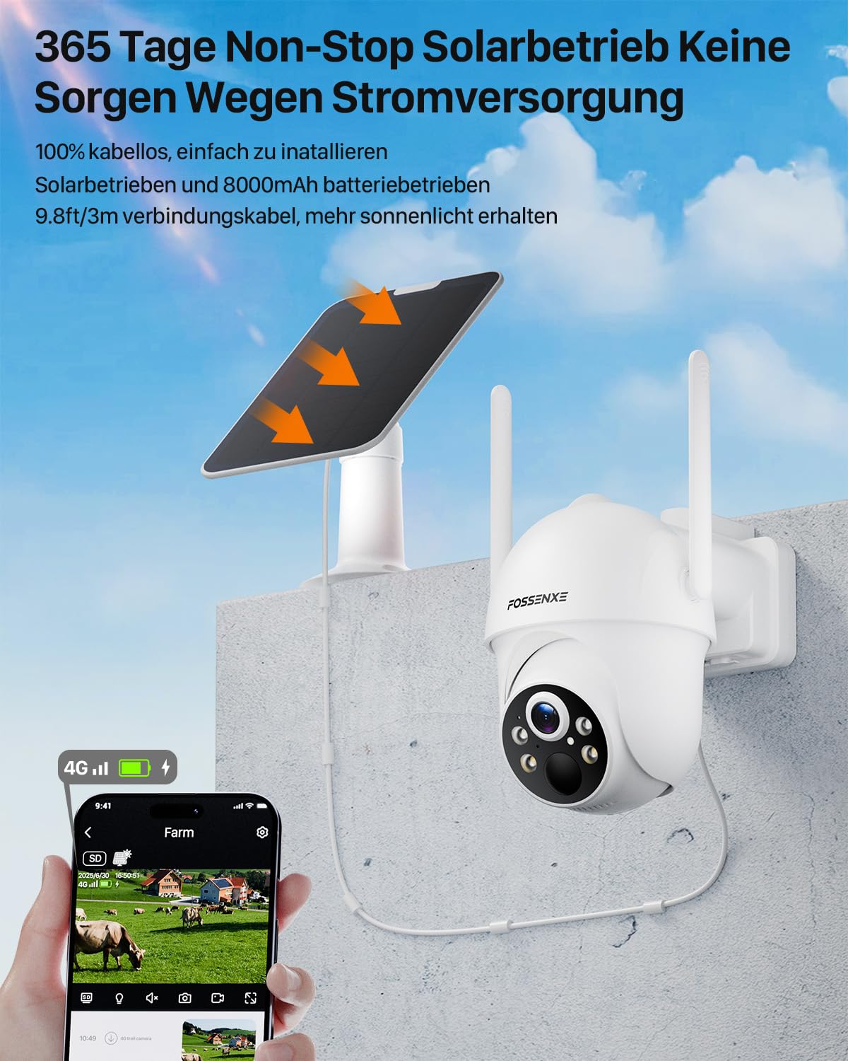 4G LTE Überwachungskamera Aussen Solar mit SIM Karte + 64GB Kartenspeicher - 2K HD 4MP PTZ Solar Kamera Outdoor Kabellose, Automatische Nachverfolgung, Farb-Nachtsicht, IP66 (Ohne WLAN)