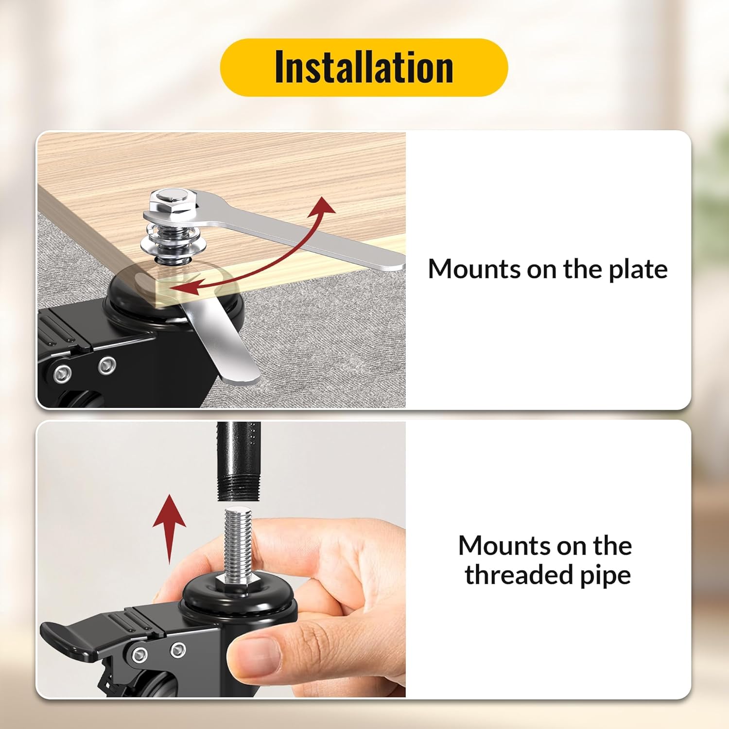 HOLKIE Stem Caster Wheels 2 inch Total Locking Casters Set of 4, Threaded Stem 3/8" -16 x 1 (Diameter 3/8", Length 1") Swivel Heavy Duty Castors Black 8 Pack