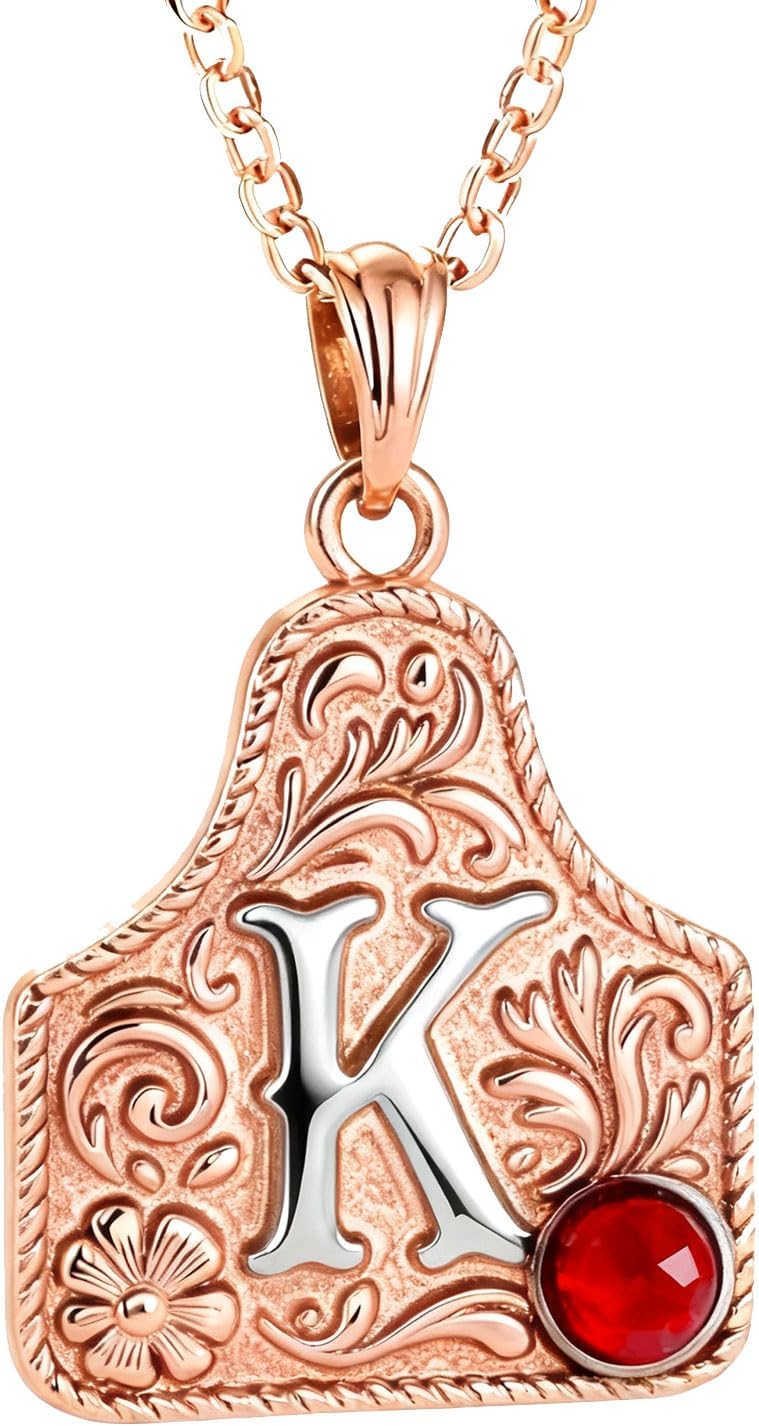 10K 14K 18K Gold/SterlingSilver Cow Tag Initial Necklace Two-Toned Cow Tag Pendant Custom Initial Birthstone Necklace Personalized Jewelry Cowtag Gift for Men Women