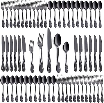 Black Cutlery Set for 12 People, 60 Piece Stainless Steel Flatware Set, Shiny Black Metal Silverware Including Fork, Knife and Spoon, Dishwasher Safe