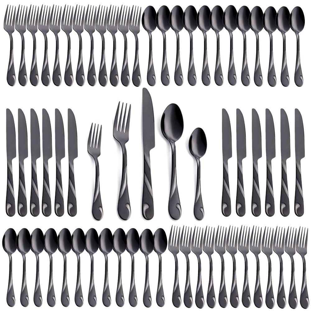60 pièces Ensemble de couverts noirs pour 12 personnes, acier inoxydable, en métal noir poli. Comprend des fourchettes, des couteaux et des cuillères