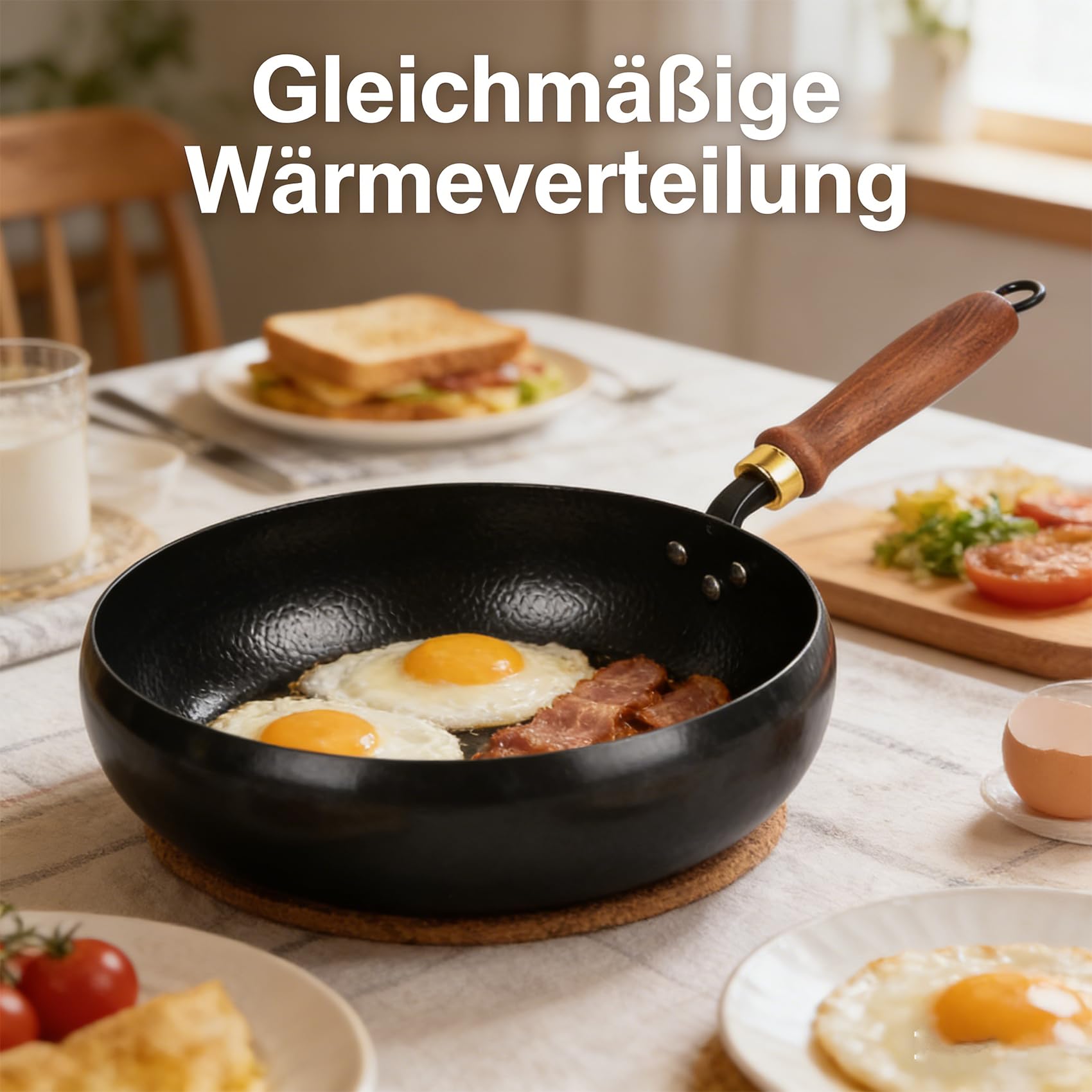 DZ'HUE Tsubame Sanjo Pfanne, Japanische Eisenpfanne, unbeschichtet, dickwandiger Eisentopf, schnell erhitzender Gusseisen-Wok, Holzgriff, geeignet für Gasherd und Induktionskochfeld (24cm)