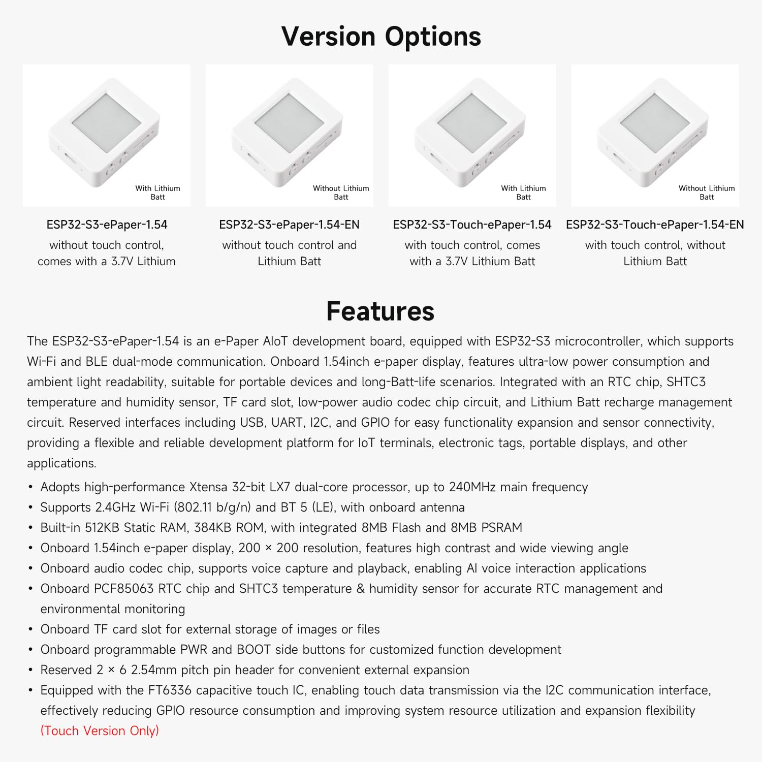 Waveshare ESP32-S3 1.54inch e-Paper AIoT Development Board, 200 × 200, Black/White, Supports Wi-Fi and BLE Dual-Mode Communication, with Touch Function, NO BAT